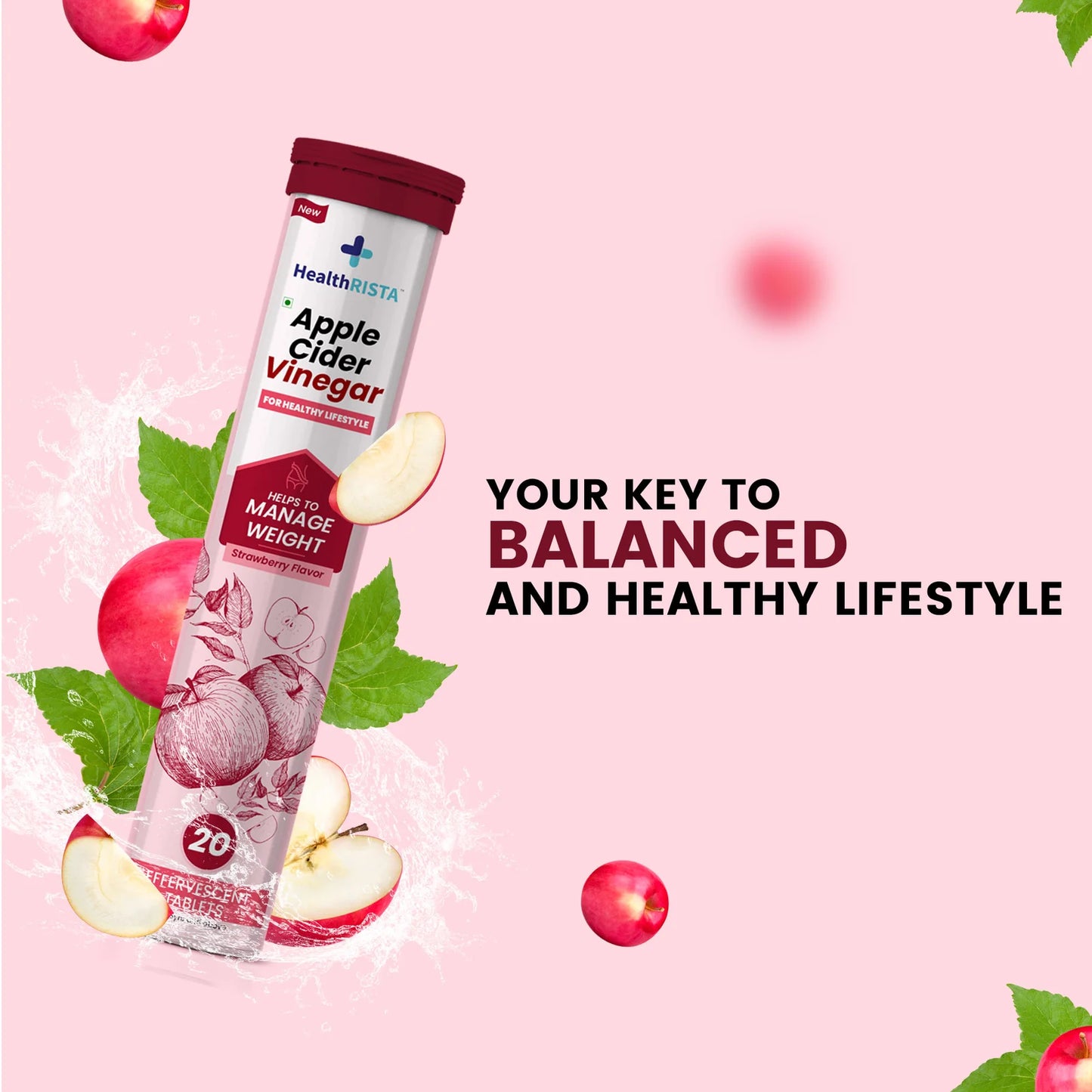 HealthRISTA - Apple Cider Vinegar Effervescent Tablet for Weight Management with Strawberry Flavor