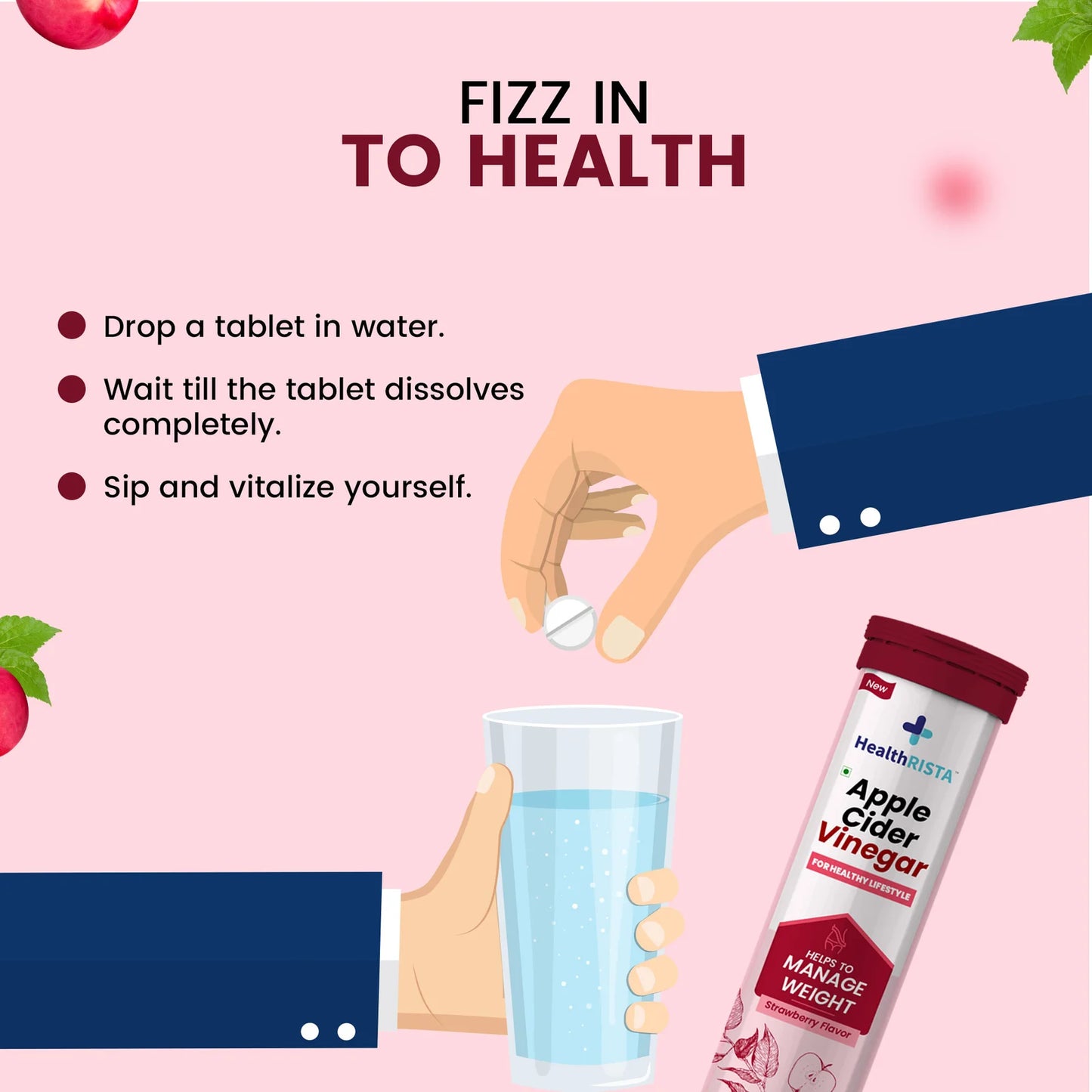 HealthRISTA - Apple Cider Vinegar Effervescent Tablet for Weight Management with Strawberry Flavor