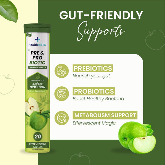 HealthRISTA -  Pre & Pro Biotic Effervescent Tablet for Gut Health with Green Apple Flavor