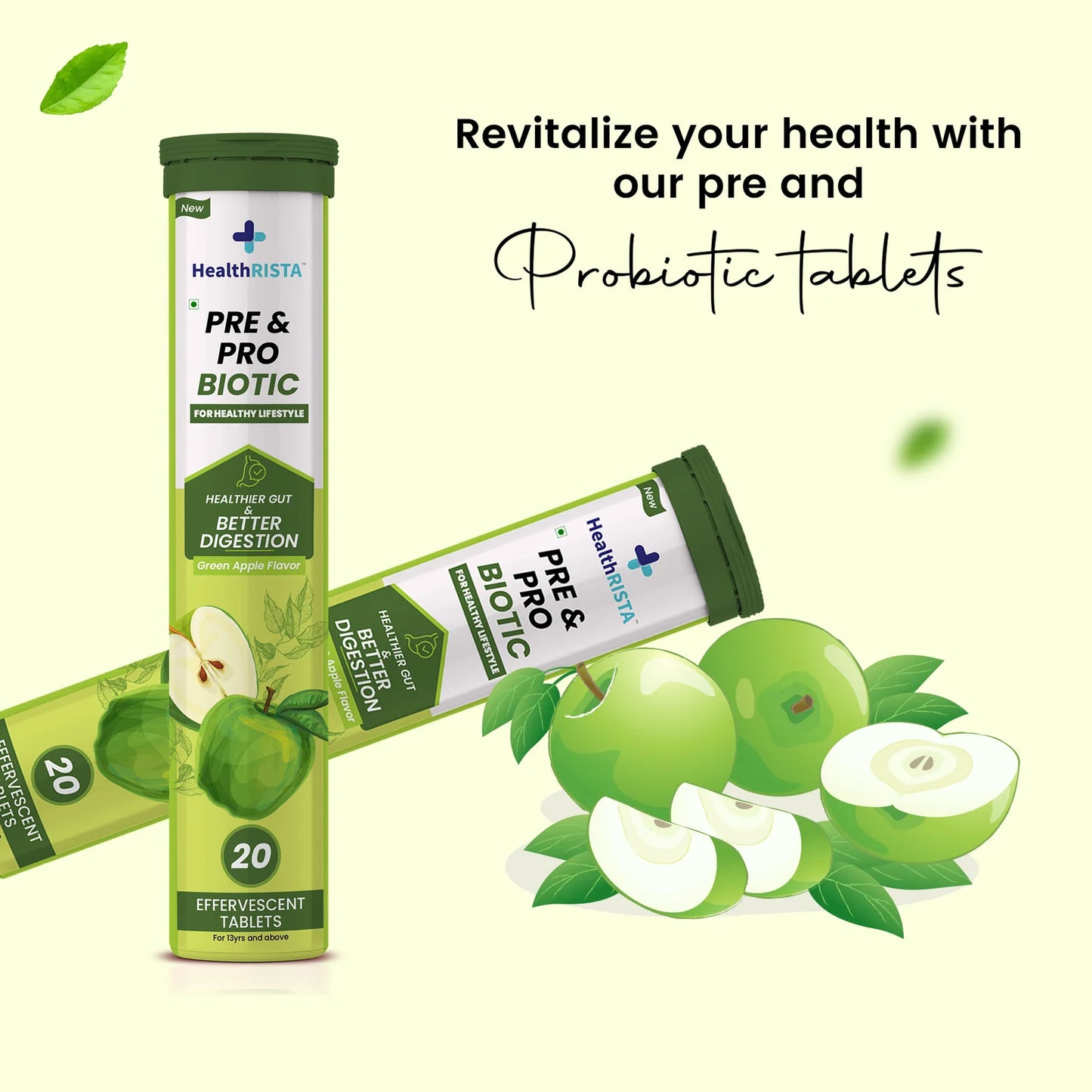 HealthRISTA -  Pre & Pro Biotic Effervescent Tablet for Gut Health with Green Apple Flavor