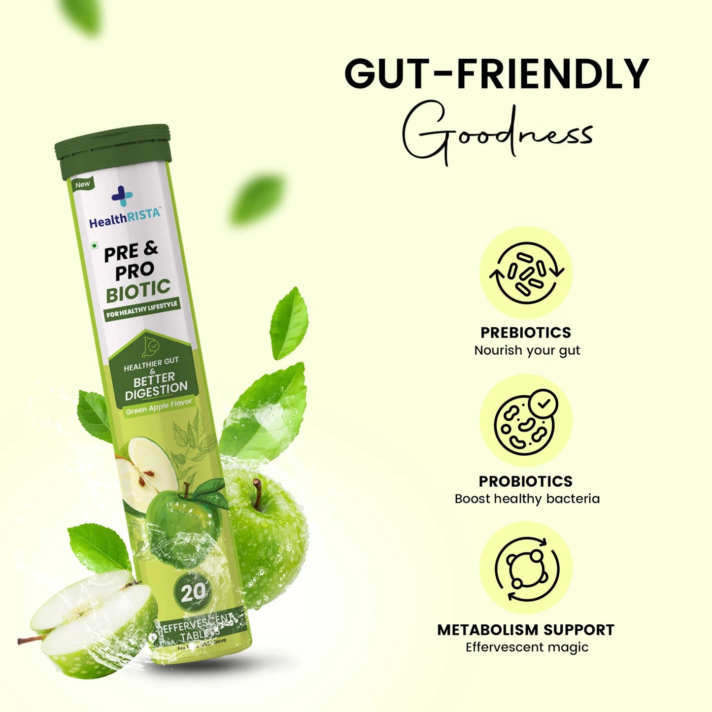 HealthRISTA -  Pre & Pro Biotic Effervescent Tablet for Gut Health with Green Apple Flavor